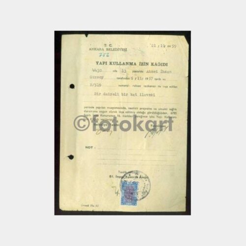 1959 Ankara Belediyesi Yapı Kullanma İzni Belge
