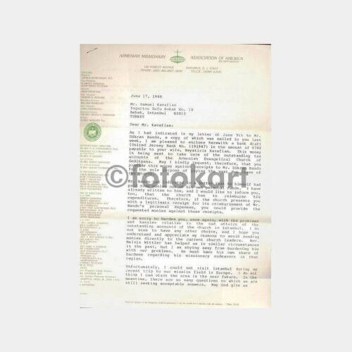 1988 Ermeni Cemiyeti Mektup Belgesi