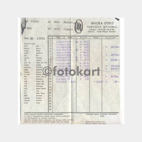1974 Nişantaşı Maçka Oteli Faturası