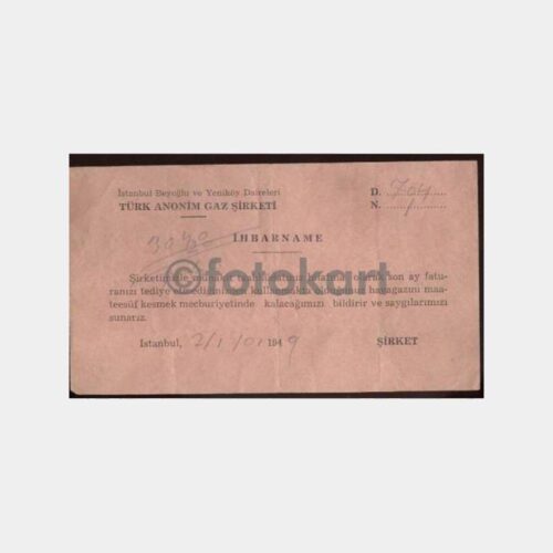 1949 İstanbul Gaz Kesme İhbarname Belge