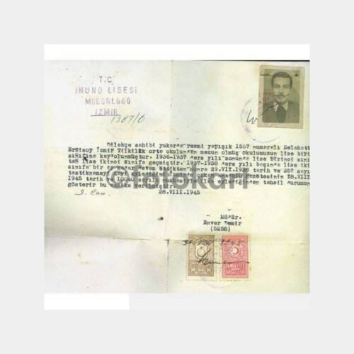 1945 İzmir İnönü Lisesi Tahsil Vesikası Belge