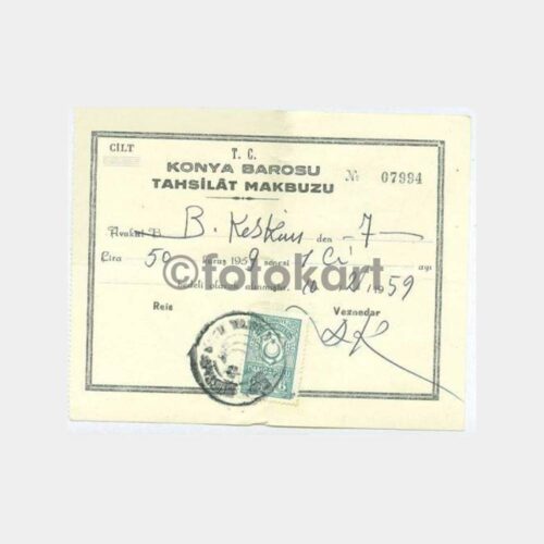 1959 Konya Barosu Makbuzu Hukuk Konulu Belge