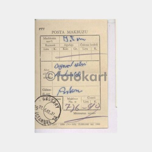 1962 Aksaray İstanbul Posta Alındı Makbuzu