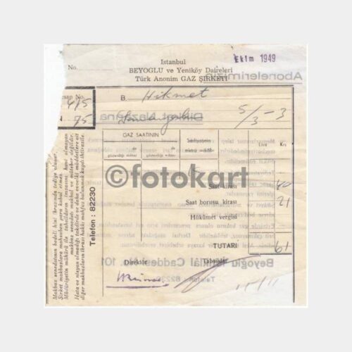 1949 Beyoğlu Yeniköy Havagazı Faturası