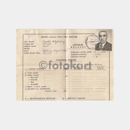 1977 Konya Ereğli Çiftçilik Belgesi