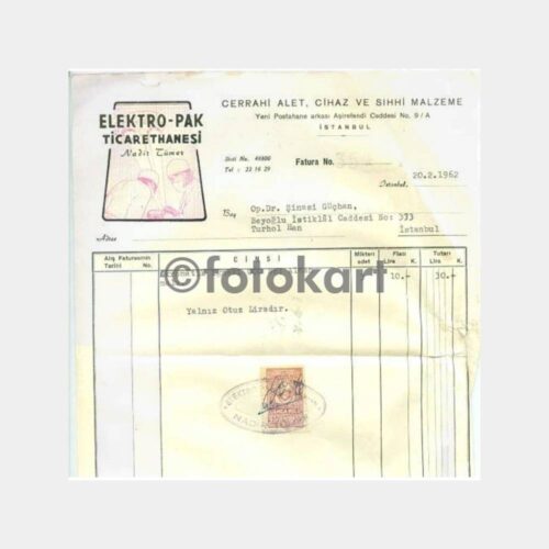 Doktor Tıp Belge - 1962 Cerrahi Alet Faturası