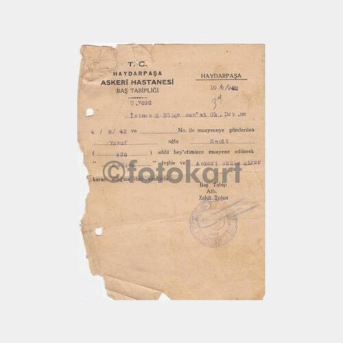 1942 Haydarpaşa Asker Hastanesi Belgesi