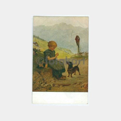 1930 Köpekli Kız Çocuk Tablo Kartpostal
