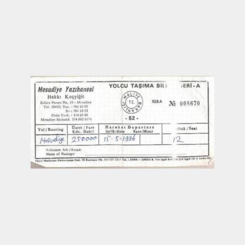 1996 Ordu Mesudiye Yolcu Otobüs Bileti