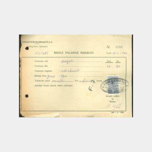 1966 Silivri Limanı Kayar Gemisi İskele Palamar Makbuzu