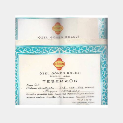 1969-70 Gönen Koleji Okul Teşekkür Belgesi