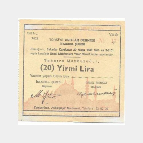 Türkiye Anıtlar Derneği Yardım Makbuzu