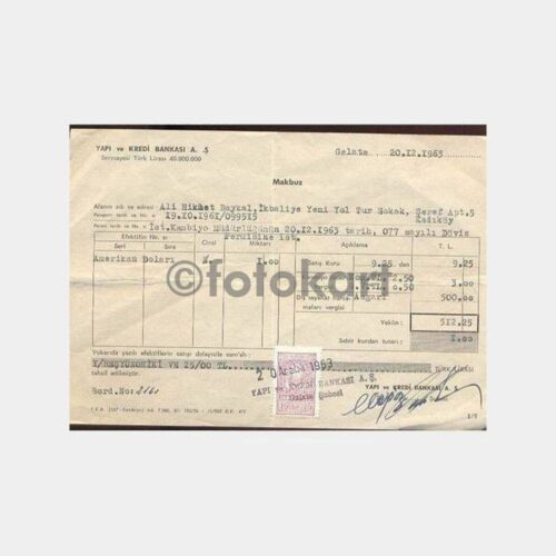 1963 1 Dolar 9.25 TL Banka Makbuzu