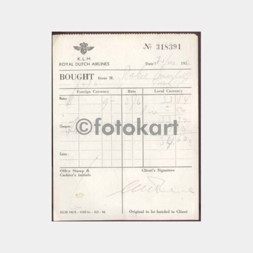 1956 KLM Havayolları Makbuzu