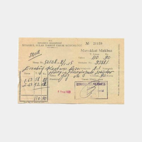 1969 İstanbul Sular İdaresi Muvakkat Makbuzu