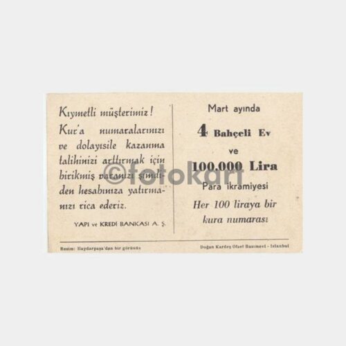 1959 Yapı Kredi Haydarpaşa Garı İkramiye Kartı