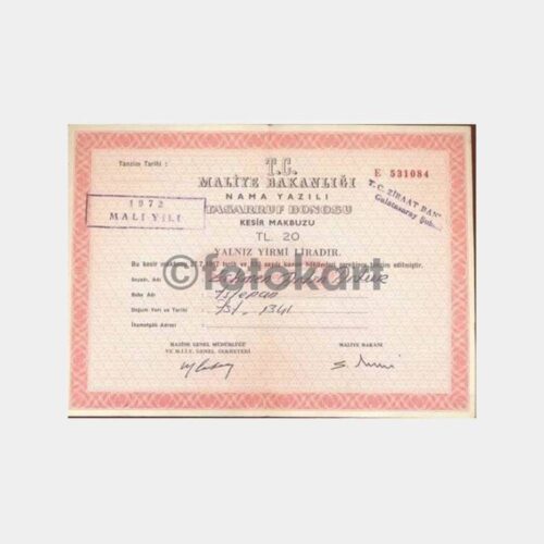 1972 Mali Yılı 20 TL Tasarruf Bonosu Kesir Makbuzu