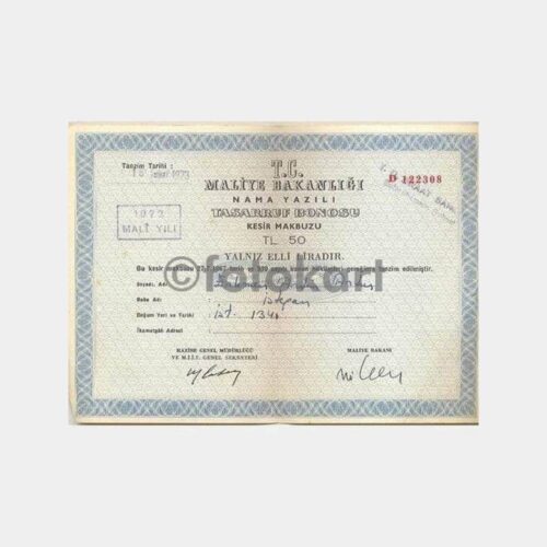 1972 Mali Yılı 50 TL Tasarruf Bonosu Kesir Makbuzu