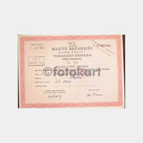 1972 Mali Yılı 20 TL Tasarruf Bonosu Kesir Makbuzu