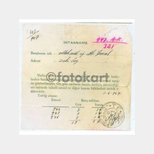 1947 Ayvalık Maliye İhtarname ve Damgalı Zarfı