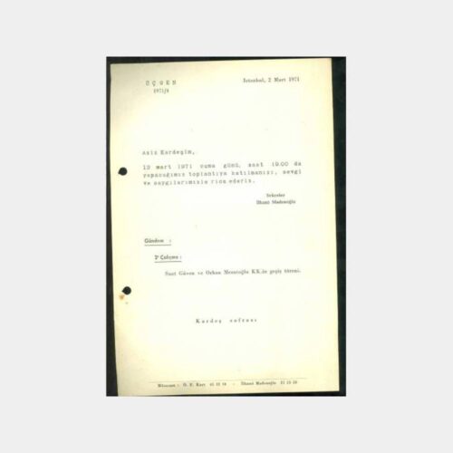 1971 Üçgen Mason Locası Toplantı Davet Yazısı