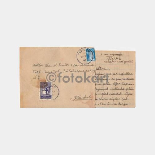 1942 Bursa Pazarcık Damgalı Pullu Zarf Mektup