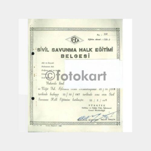 1968 İzmit SEKA Kağıt Fabrikası Sivil Savunma Eğitim Belgesi