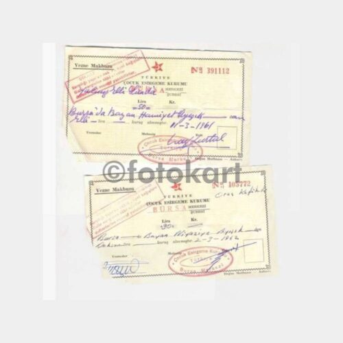 1961-1962 Bursa Çocuk Esirgeme Kurumu 2 Adet Makbuz