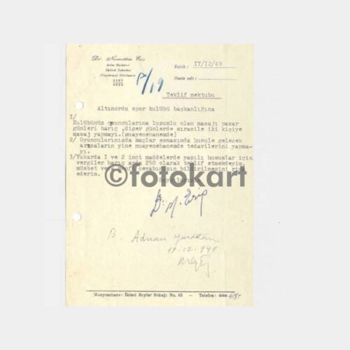 1949 İzmir Altınordu Kulübü Doktor Yazısı