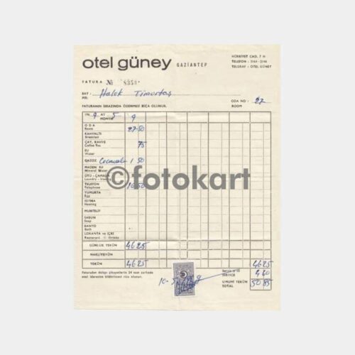 1969 Gaziantep Güney Otel Faturası