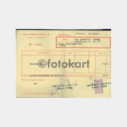 1957 Yapı Kredi Bankası Ankara Yenişehir Makbuzu