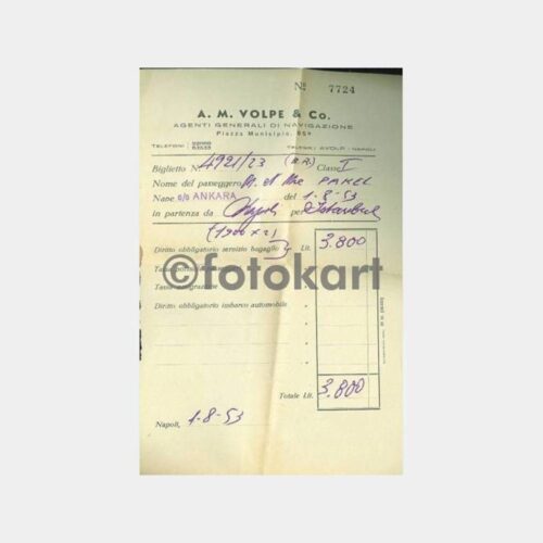 1953 Ankara Gemisi -İtalya Acentesi- Yolcu Bileti