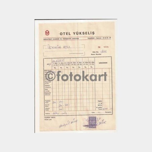 1978 Ankara Yenişehir Yüksel Otel Fatura