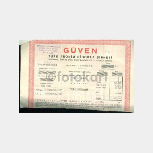 1969 Ankara Güven Sigorta Poliçe ve Makbuzu