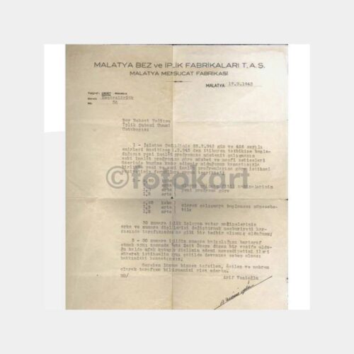 1943 Malatya Bez ve İplik Fabrikası Yazısı