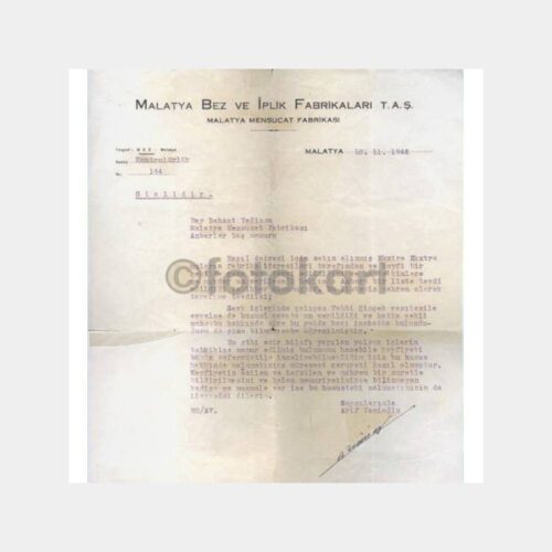 1942 Malatya Bez ve İplik Fabrikaları Yazısı