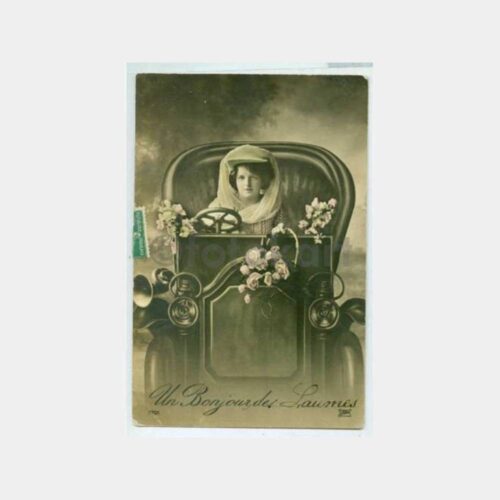 1915 Fransa Eski Otomobil ve Kadın Damgalı Kartpostal