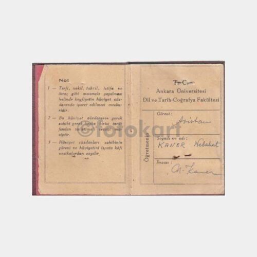 1954 Ankara Dil Tarih Coğrafya Öğretmen Kimlik Kartı