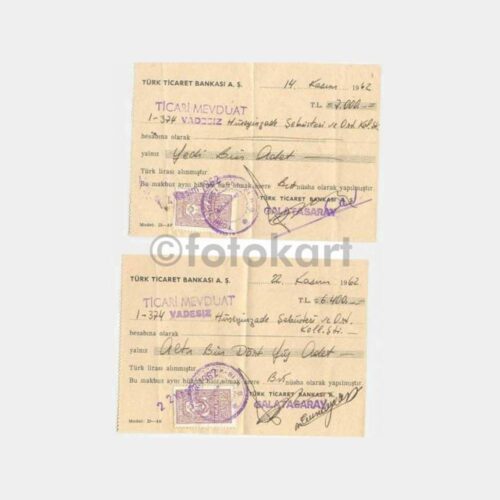 1962 Ticaret Bankası 2 Adet Para Makbuzu