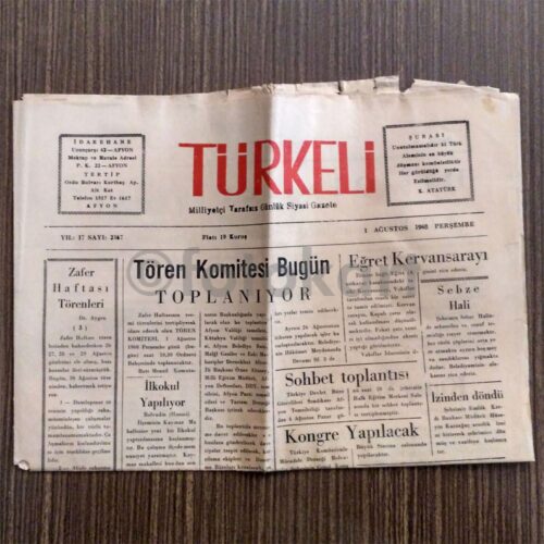 Afyon Türkeli Gazetesi, 1 Ağustos 1968 Nüshası