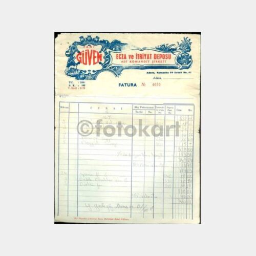 1950 Adana Güven Ecza Itriyat Deposu Faturası
