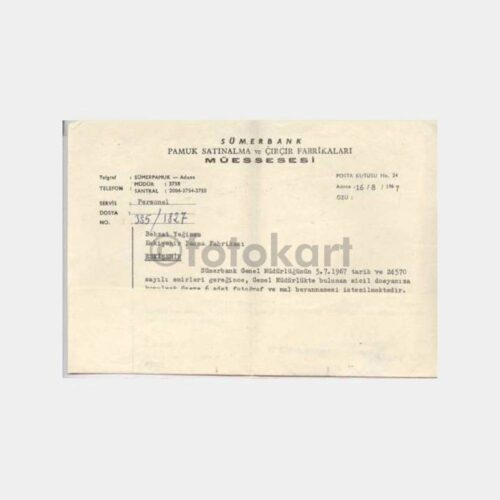 1967 Adana Sümerbank Çırçır Fabrikası Yazısı