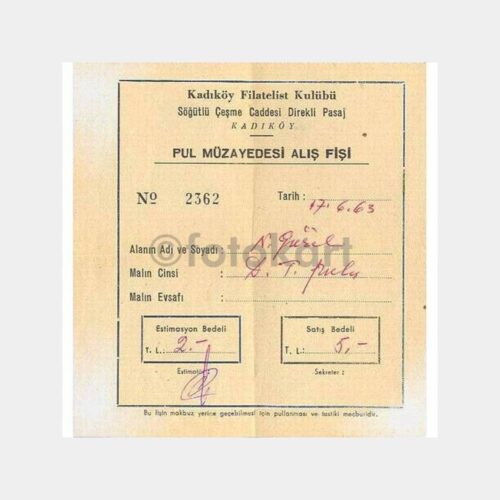 1963 Kadıköy Filatelist Kulübü Müzayede Fişi