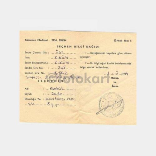 1984 Erenköy Seçmen Bilgi Kağıdı