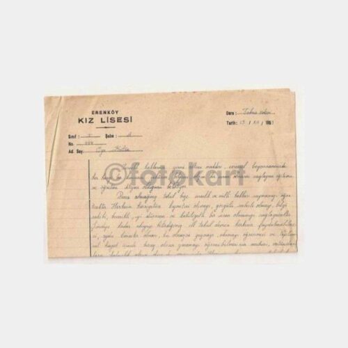 1953 Erenköy Kız Lisesi -Yazılı- Ödev Kağıdı