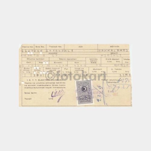 1965 Üsküdar Kısıklı - Delikli Elektrik Sarf Kart Faturası