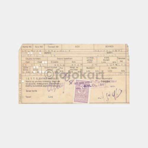 1965 Üsküdar Kısıklı - Delikli Elektrik Sarf Kart Faturası