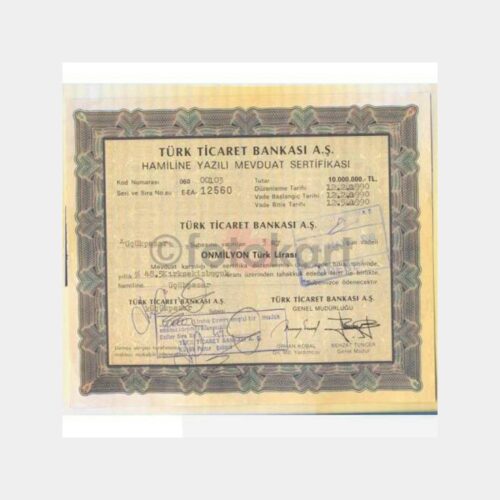 1990 T. Ticaret Bankası Hamiline Mevduat Sertifikası