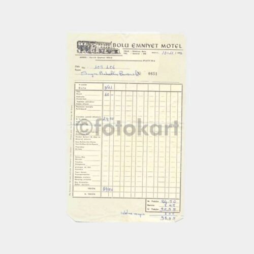 1971 Bolu Emniyet Oteli Faturası