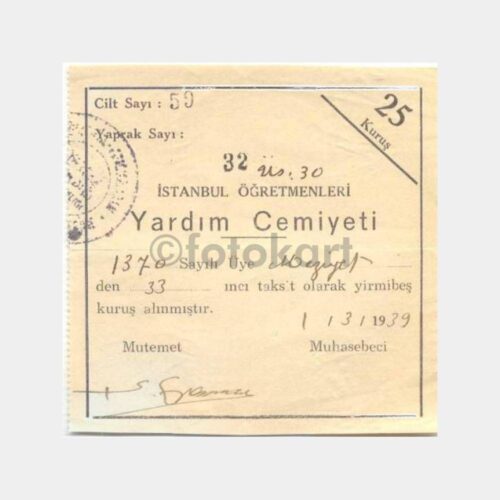 1939 İstanbul Öğretmenleri Yardım Cemiyet Makbuz